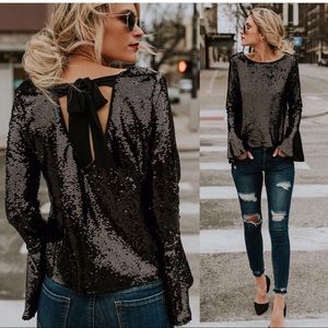 Vici Collection Black Sequin Bell Sleeve Top